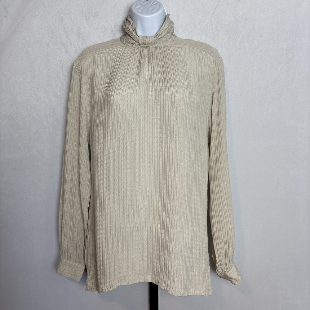 VTG Escada Silk Blouse Women's Medium EU 38 Cream Button Back Textured Collared